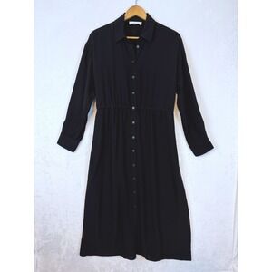 EVERLANE Black Ribbed Knit Shirt Dress Midi Tie Waist Long Sleeve Size L Capsule